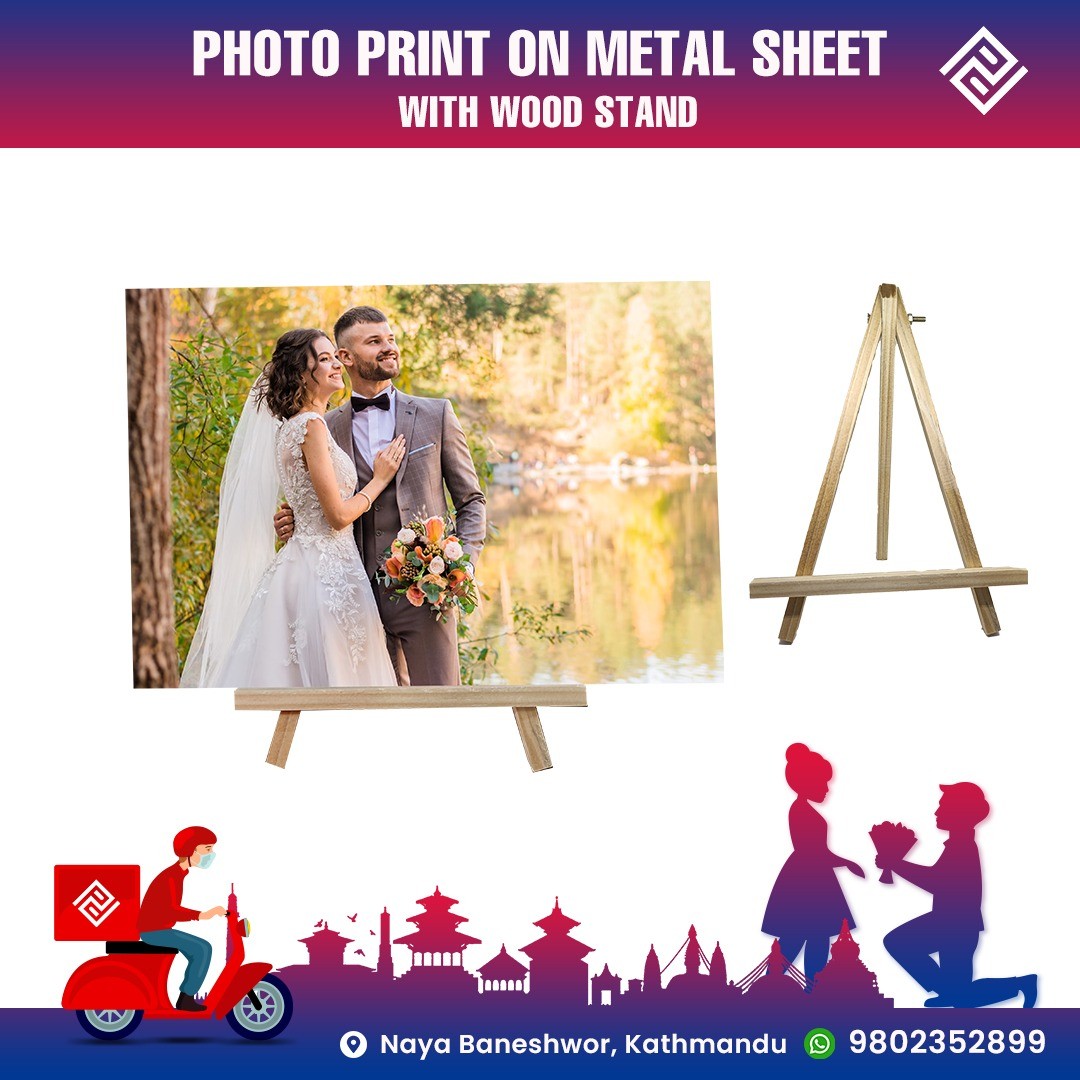 Photo print on metal sheet with wood stand Cover Image
